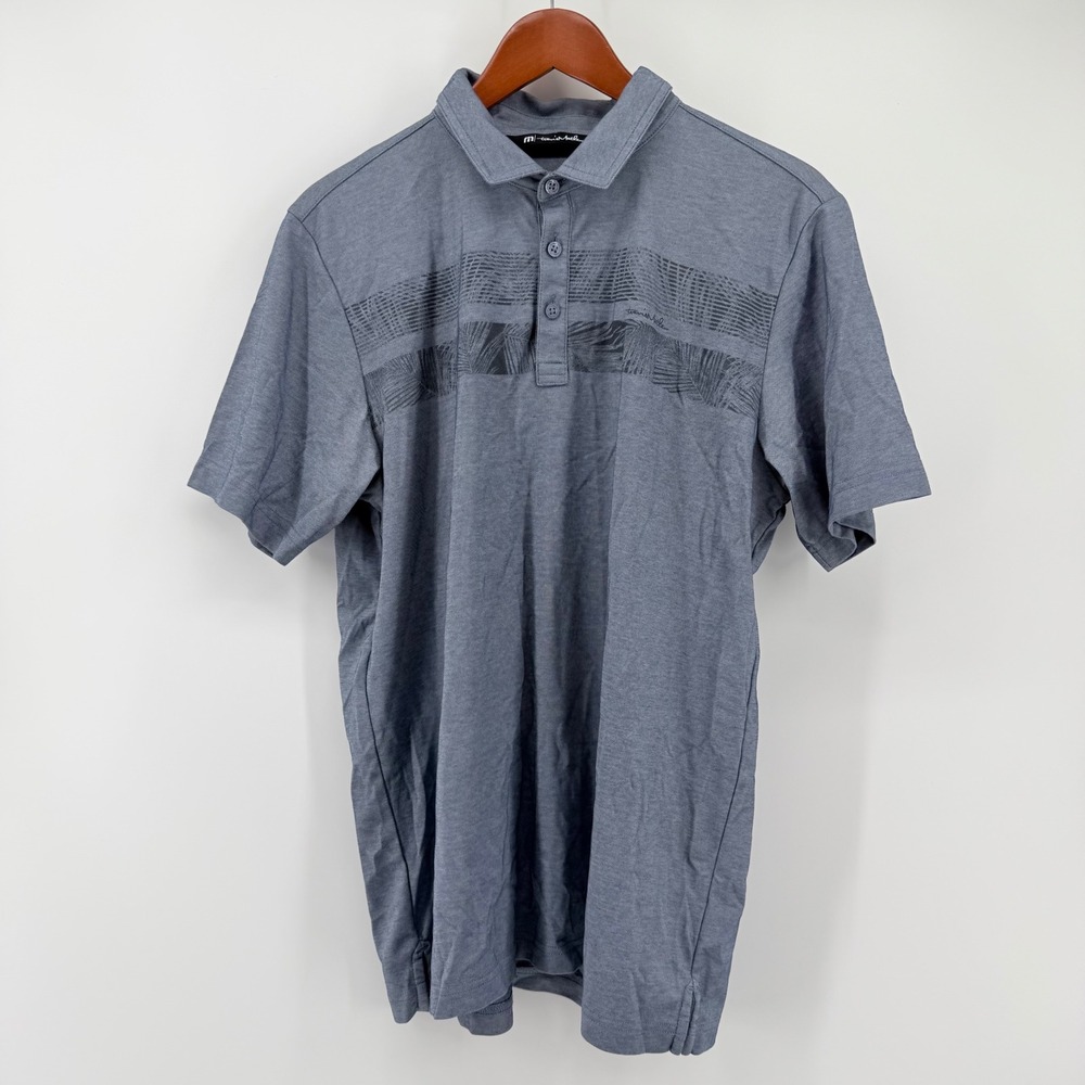 TravisMathew Men Large One To Remember Polo Shirt Grey Graphic Chest Stripe Pima
